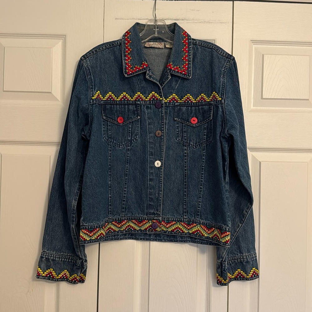 New Directions Embroidered Jean Jacket - Blue and Red